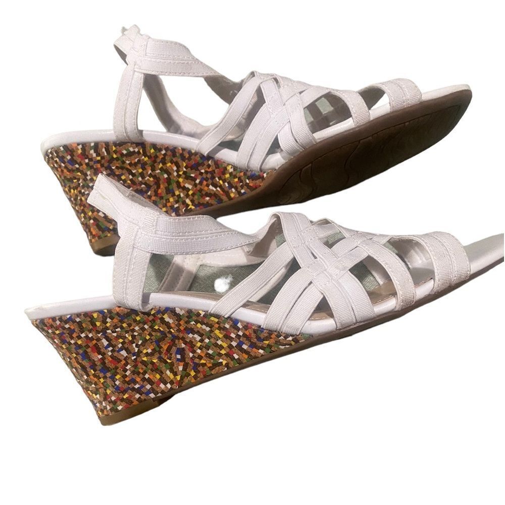 Aubrey Lynn White Strap Sandals Size 8 M Colorful Cork Wedge